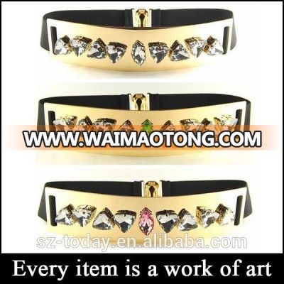 Diamond mirror gold metal buckle elastic wide waistband